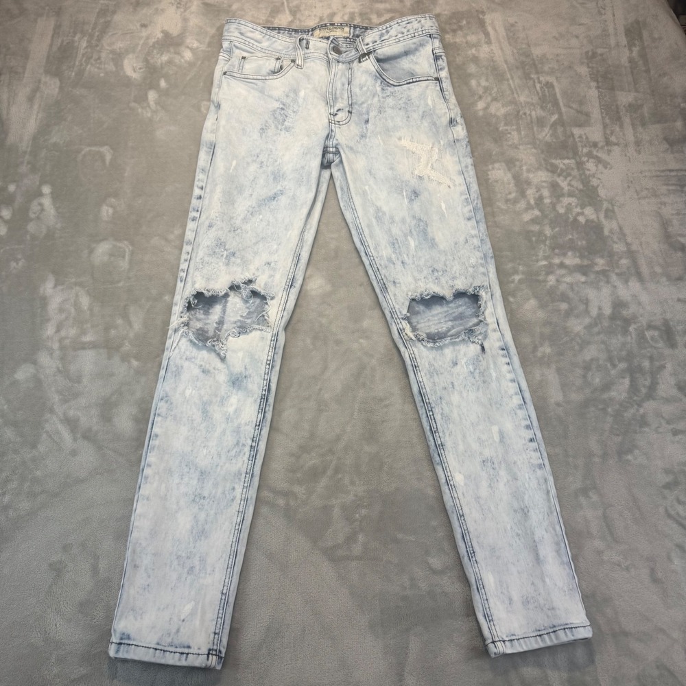 Hyper Denim Mens 30 Acid Wash Light Blue Distressed Thrashed Skinny Jeans 31x30